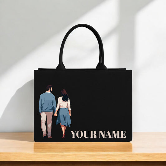 Couple Name Tote Bag Romantic Hand in Design on Black Canvas, Perfect Personalized Gift