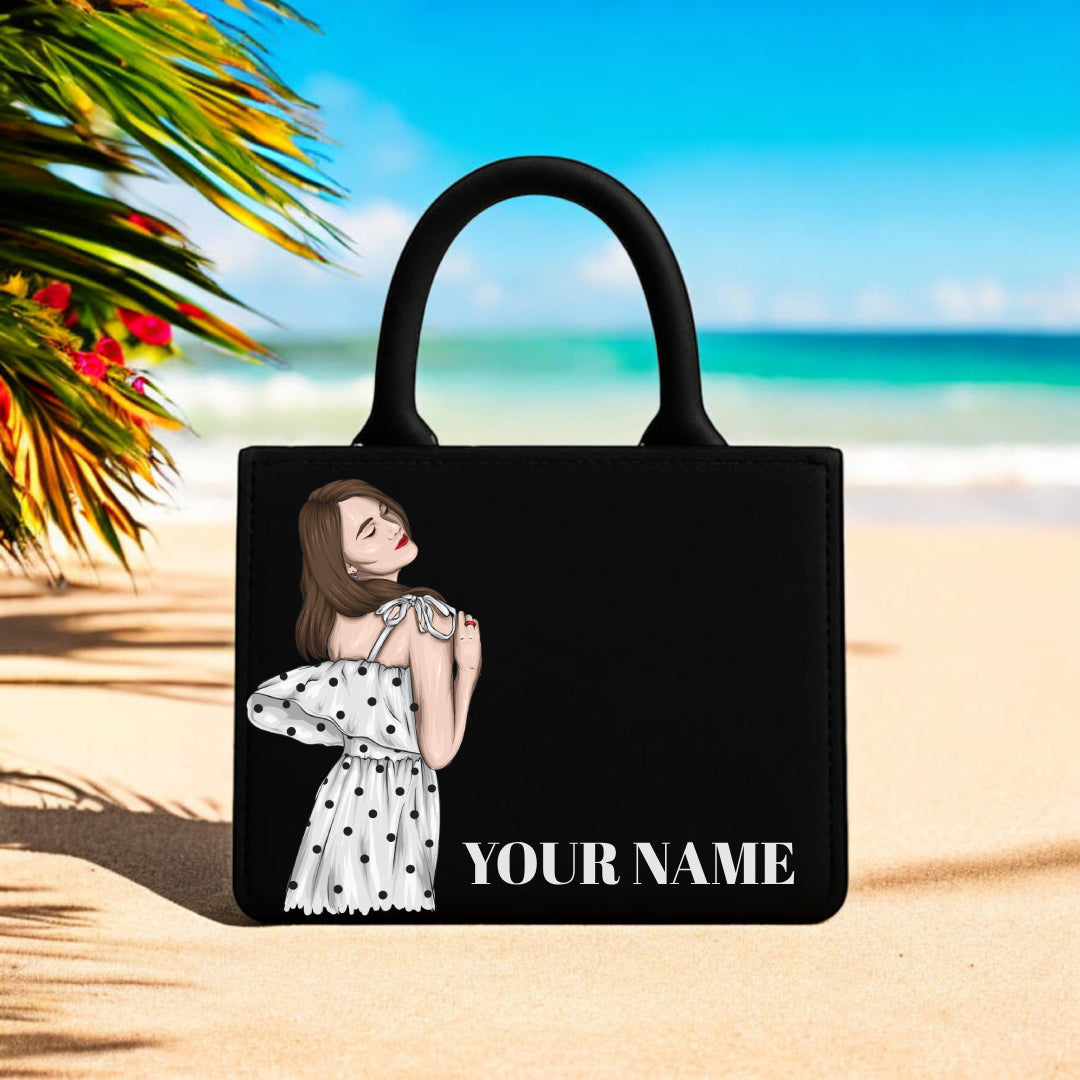 Black Designer Tote Bag Custom Name Printed Elegant Polka Dot Girl 10"x12" Handcrafted Premium Bag for Stylish Women