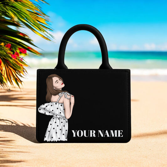 Black Designer Tote Bag Custom Name Printed Elegant Polka Dot Girl 10"x12" Handcrafted Premium Bag for Stylish Women