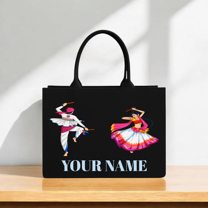 Customizable Black Tote Bag Featuring Traditional Garba Dance Couple, Cultural Ethnic Handbag