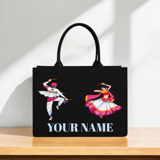 Customizable Black Tote Bag Featuring Traditional Garba Dance Couple, Cultural Ethnic Handbag