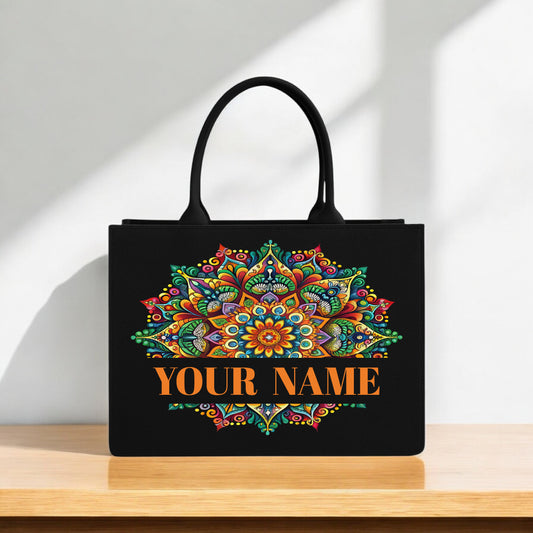 Black Tote Bag with Vibrant Mandala Design  Eco Friendly Fashionable Carryall for Women & Girls
