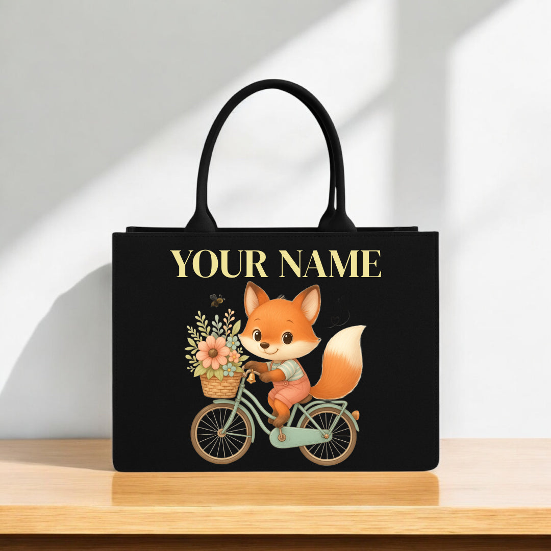 Custom Name Printed Canvas Handbag Black Tote Bag with Cute Fox on Bicycle and Flower Basket