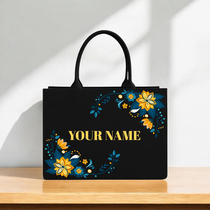 Custom Name Tote Bag with Yellow & Blue Floral Accents