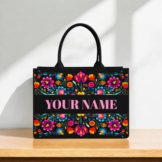 Custom Floral Name Tote Bag for Women Black Canvas Handbag with Vibrant Folk Flower Design