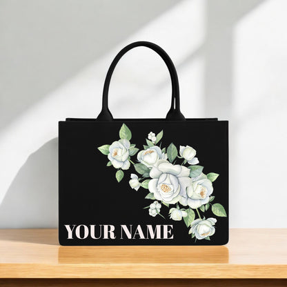 Floral Tote Bag for Women Elegant Black Canvas Handbag with White Roses Design & Custom Name