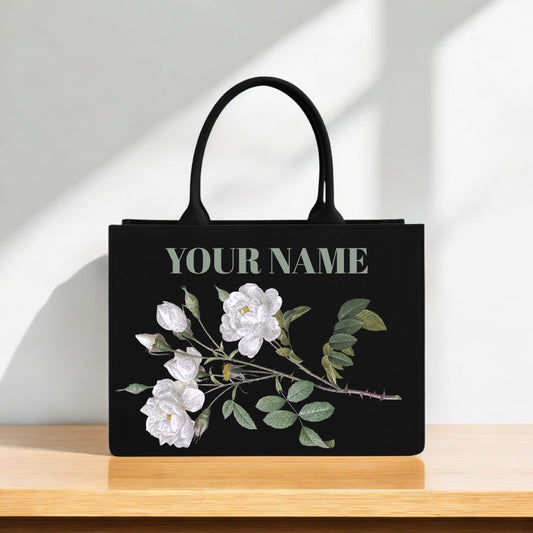 Custom Floral Tote Bag for Women Elegant Black Canvas with Vintage White Rose