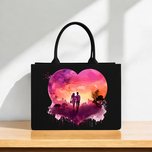 Designer Tote Bag – Romantic Sunset Heart Print | 12x16 Inch Large Capacity | Black Canvas Bag for Women & Girls – Artistic Couple Silhouette Pattern"