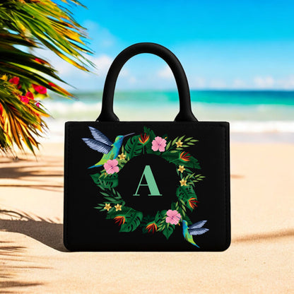 Tropical Alphabet with Hummingbird & Leaf Wreath Print Print  10x12 Stylish Black Tote for Women & Girls