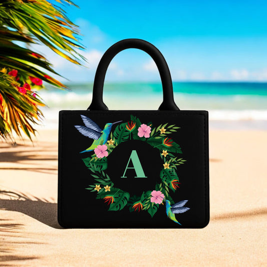 Tropical Alphabet with Hummingbird & Leaf Wreath Print Print  10x12 Stylish Black Tote for Women & Girls