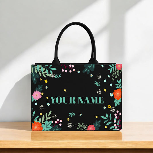 Printed Tote Bag | Custom Name Black Canvas Handbag | 12x16 inch Large Shopping, Office & Casual Carryall
