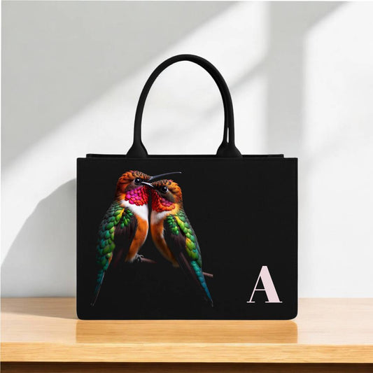 Humming bird Print Tote Bag Quality Black Handbag with Vibrant Nature-Inspired Artwork, Personalized Initial ‘A’ | 12” x 16” Stylish Everyday Carry Bag for Women