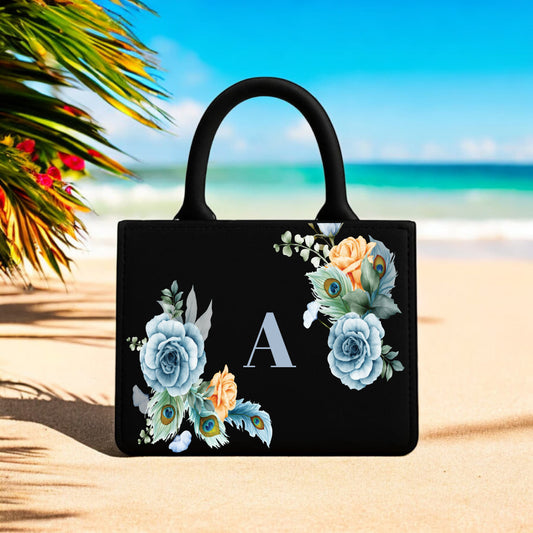 Premium Floral Tote Bag in Black 10” x 12”Elegant Rose & Peacock Feather Print Bag