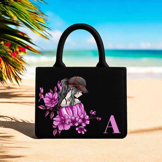 Stylish Girl Floral Trendy Black Canvas Bag for Women  10x12 Inch Fashion Accessory with Pink Art Print