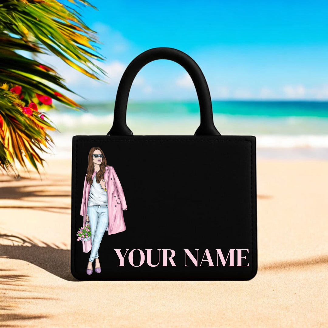 Tote Bag for Women Custom Name Black Handbag with Stylish Printed Lady Everyday Elegant Carry all  Size 10" x 12"