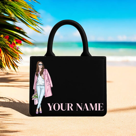 Tote Bag for Women Custom Name Black Handbag with Stylish Printed Lady Everyday Elegant Carry all  Size 10" x 12"