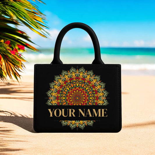 Mandala Art Handbag Custom Name Printed Designer Tote Premium Ethnic Style Bag (Size: 10” x 12”)