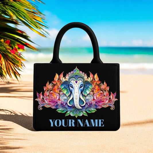 Designer Handbag 10x12 Inch Black Tote with Vibrant Printed Ganesha Artwork Customizable Name, Ideal for Daily Use