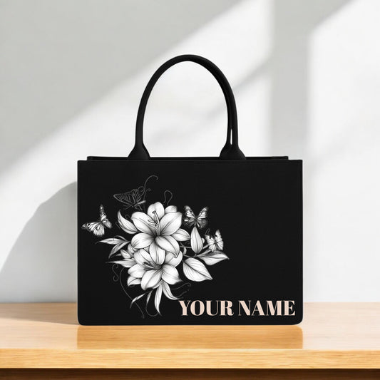 Elegant White Floral Lily & Butterfly Design with Custom Name Canvas Handbag for Women