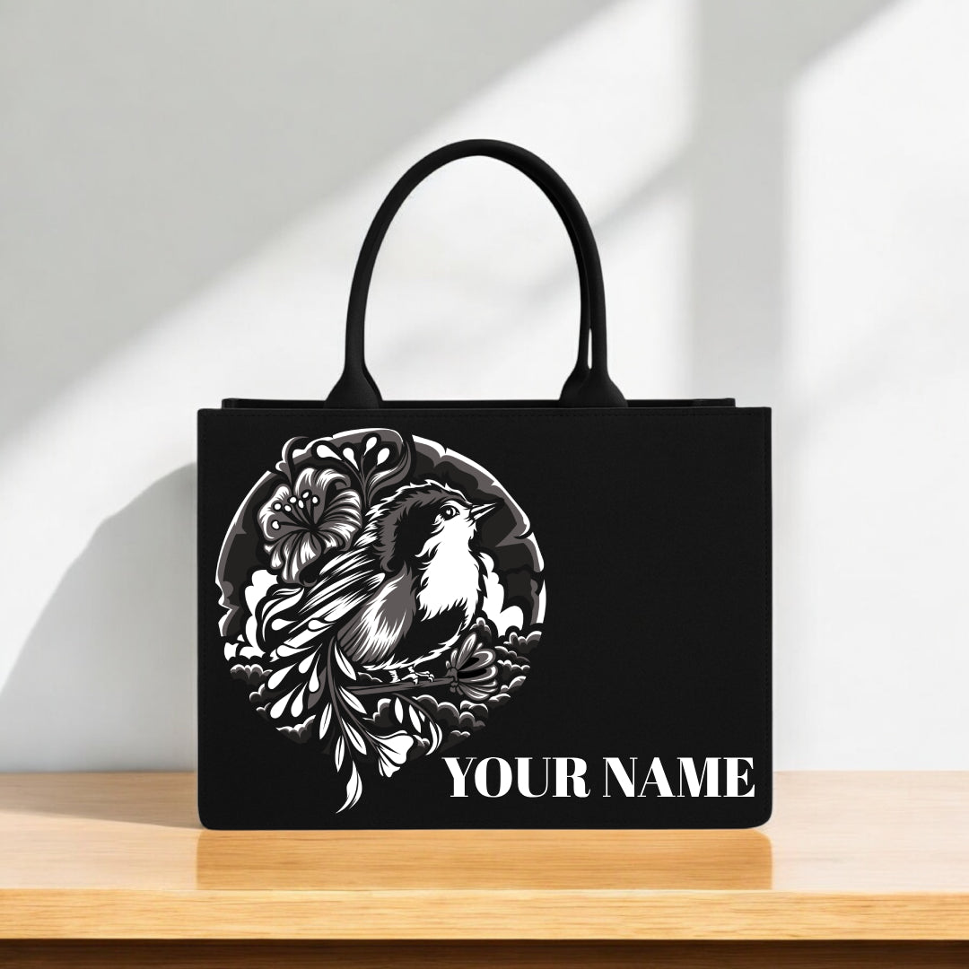 Elegant Black & White Bird Art Tote Designer Canvas Bag with Custom Name Nature-Inspired Floral Bird Print