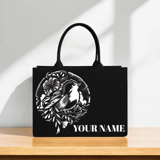 Elegant Black & White Bird Art Tote Designer Canvas Bag with Custom Name Nature-Inspired Floral Bird Print