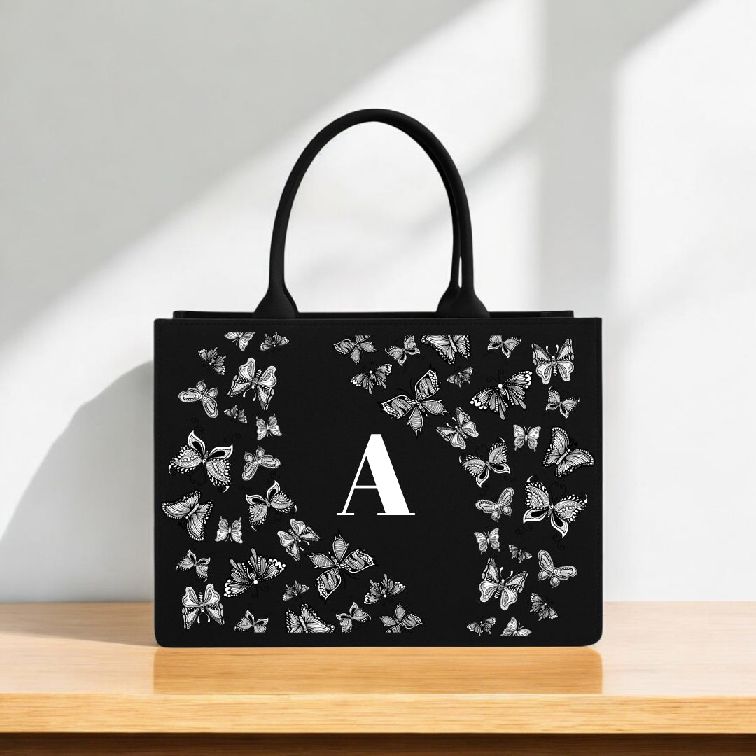 Black Butterfly Tote Bag Custom Alphabet Print  Canvas Handbag for Daily Use, Travel & Gifting