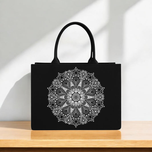 Premium Black Canvas Tote Bag with Intricate White Mandala Print Elegant Indian Ethnic Pattern