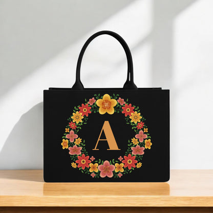 Black Tote Bag with Floral Alphabet Custom Canvas Bag with Blooming Wreath Design