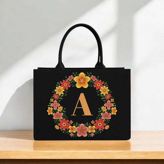 Black Tote Bag with Floral Alphabet Custom Canvas Bag with Blooming Wreath Design