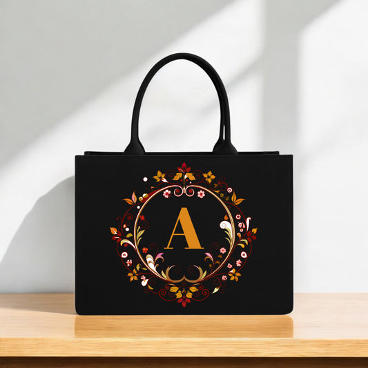Custom Alphabet Tote Bag Elegant Black Canvas Bag with Royal Autumn Floral Frame