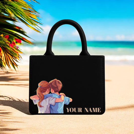 Couple Hug Print Handbag Personalized Name Bag 10"x12" Stylish Black Tote for Gifting & Daily Use