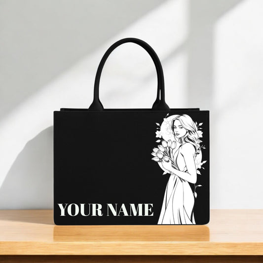 Elegant Black Canvas Bag with White Artistic Woman & Tulip Design Premium Fashion Tote with Custom Name for Women