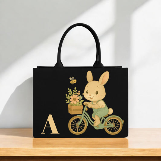 Bunny Tote Bag for Kids & Adults – Adorable Rabbit on Bicycle Design with Custom Initial