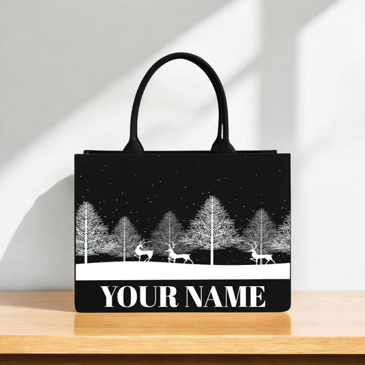 Custom Name Tote Bag  Elegant Winter Forest & Reindeer Theme Printed Eco-Friendly Canvas Bag
