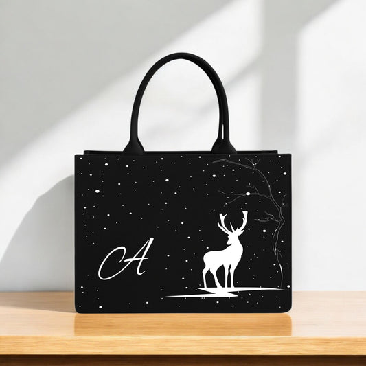 Premium Black Canvas Tote Bag Elegant Deer & Snowfall Design with Personalized Alphabet "A"  Eco Friendly