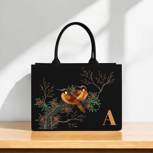 Nature Harmony Canvas Tote Bag Two Birds on Tree Branch Artwork with Custom Print Bag