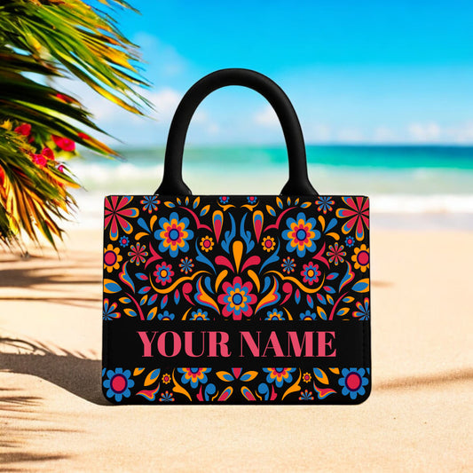 Floral Handbag Custom Name Printed Tote Bag 10"x12" Stylish Daily Use Purse with Multicolor Ethnic Floral Design