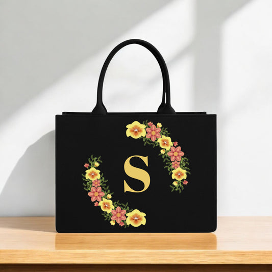 Custom Black Canvas Floral Handbag with Yellow & Peach Wreath Design
