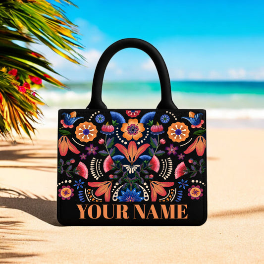 Designer Handbag 10"x12" Floral Folk Art Print Tote | Custom Name Option | Elegant Ethnic Canvas Bag for Beach & Casual Outings