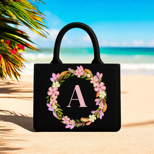 Floral Alphabet Tote Bag | Black Designer Handbag with Vibrant Botanical Print and Bag Size 10” x 12” Fashion Statement Beach & Daily Bag for Women
