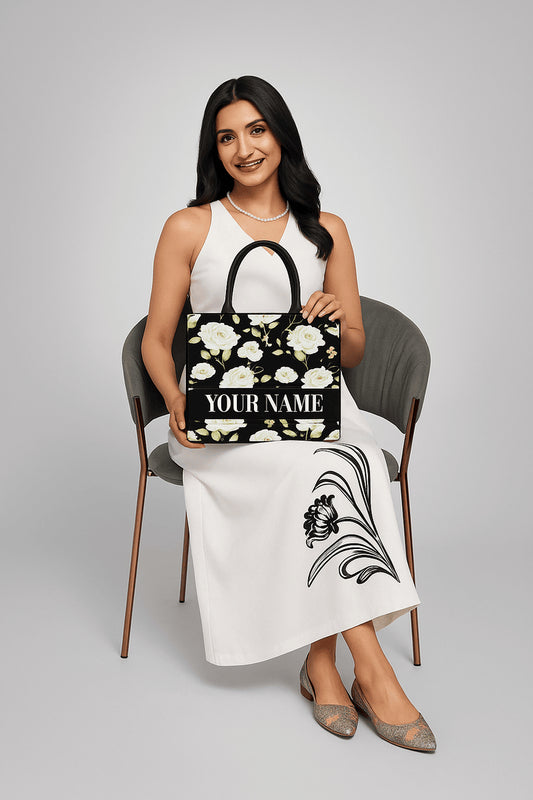 Floral Print Tote Bag Elegant Full-Pattern White Rose Design on Black Canvas with Custom Name Text