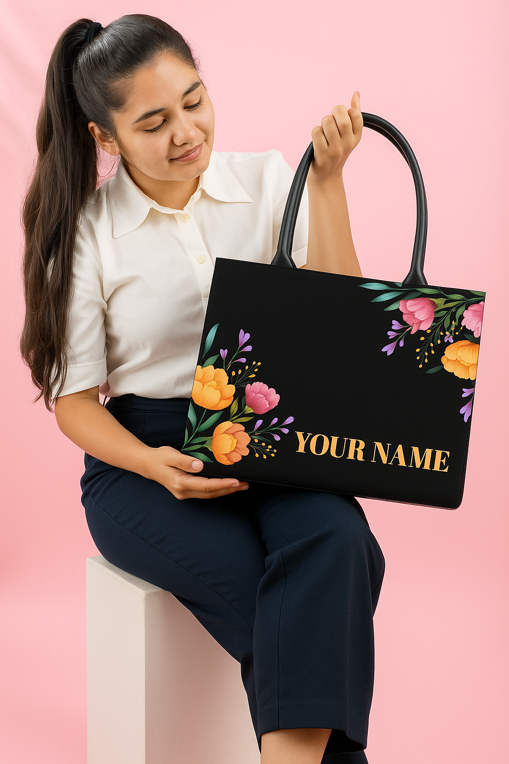 Personalized Floral Monogram Tote Bag  Stylish Printed Handbag