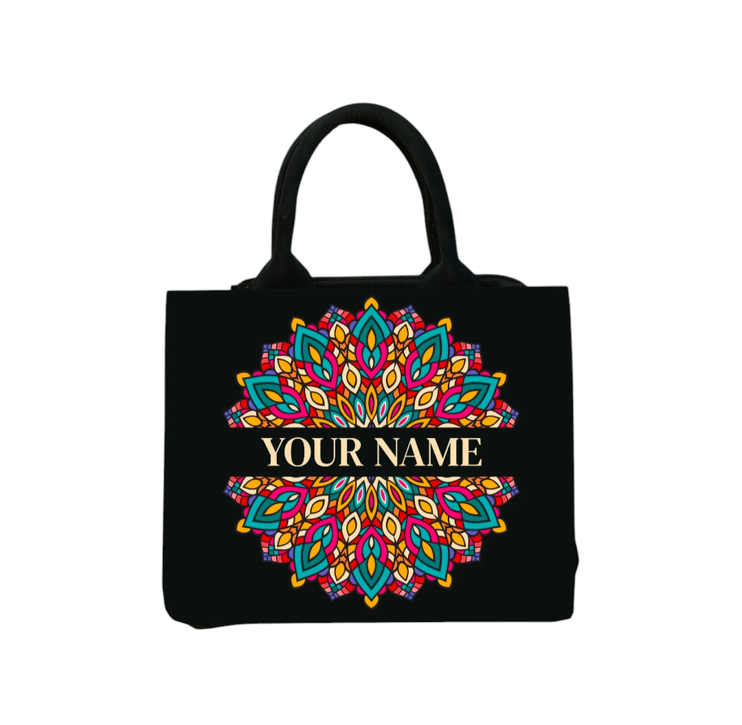 Custom Mandala Jacquard Tote Bag – Personalized Name & Vibrant DTF Print