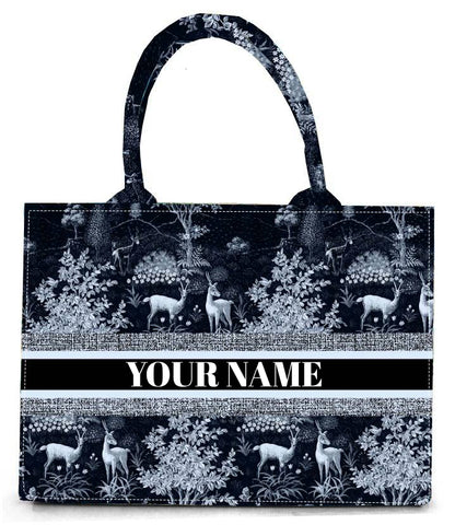 Black & White Forest Wildlife Print Tote Bag Canvas Bag with Serene Deer