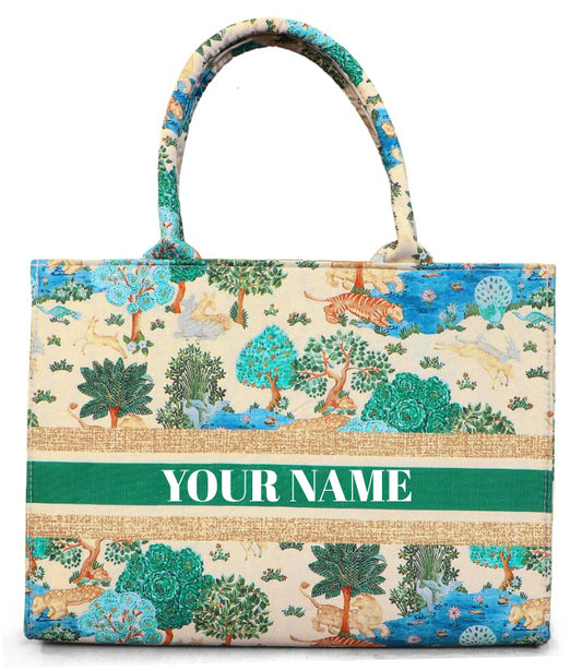 Whimsical Green Forest Print Canvas Tote Eco Chic Handbag with Colorful Trees and Scenic Wildlife Art