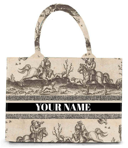 Handcrafted Vintage Equestrian Toile Print Bag Classic Horse Rider Design on Durable Cotton Canvas Tote