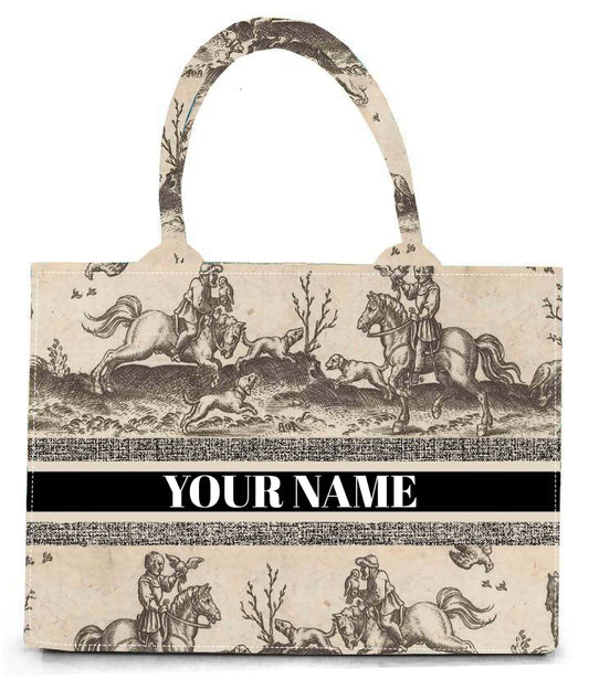 Handcrafted Vintage Equestrian Toile Print Bag Classic Horse Rider Design on Durable Cotton Canvas Tote