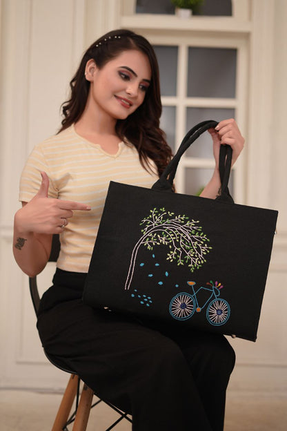 Handcrafted Black Tote Bag with Embroidered Tree and Bicycle Design