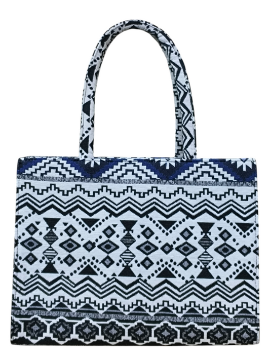 Ethnic Patterned Blue & White Jacquard Tote Bag – 11x14 Inch Elegant Everyday Handbag