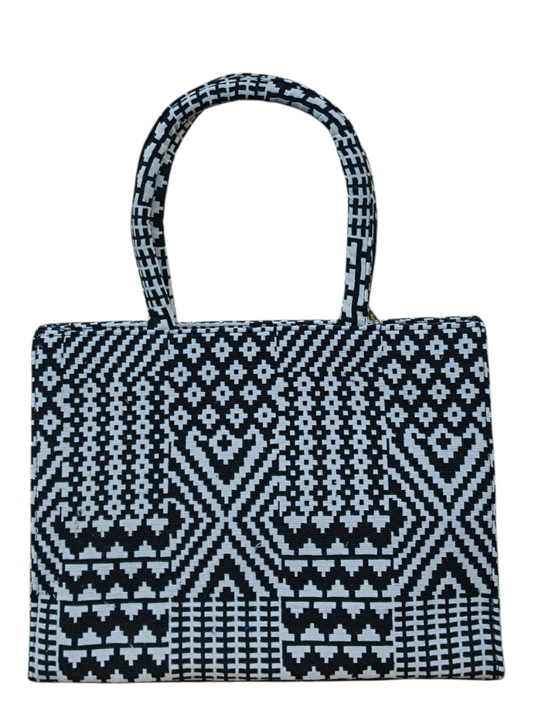 Jacquard Fabric Tote Bag 11x14 Inch Black & White Floral Pattern Handbag
